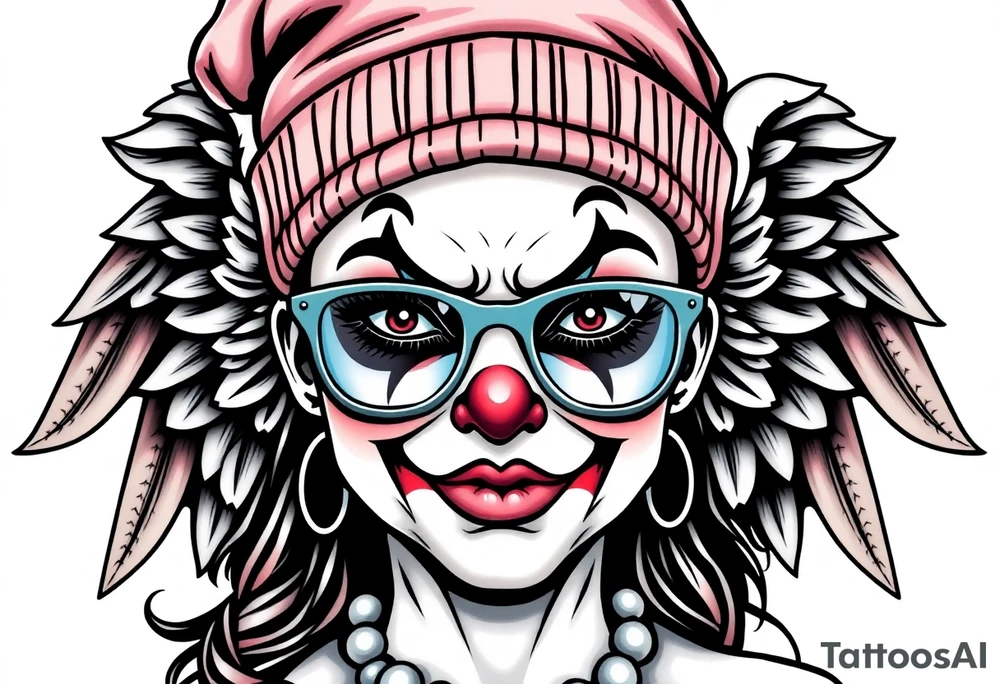 Mexican Clown Girl thug beanie eyeglasses angel wings tattoo idea