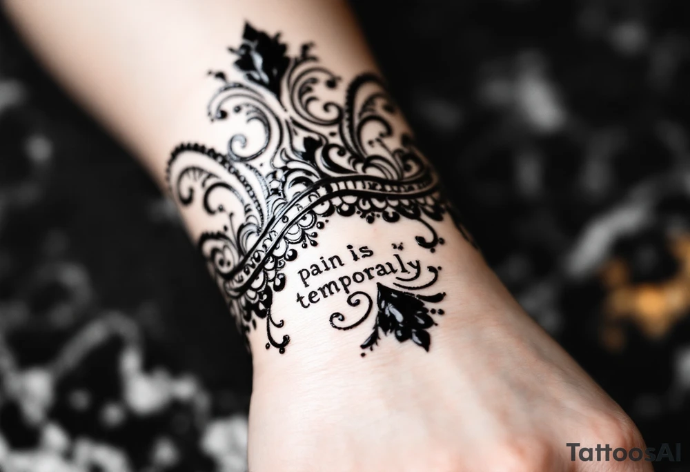 Indian style Henna tattoo for the inner wrist including word pain is temporary. tattoo idea