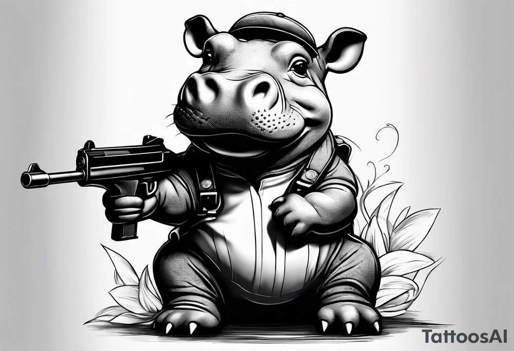 Baby hippo wearing overalls and holding a gun tattoo idea