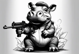 Baby hippo wearing overalls and holding a gun tattoo idea