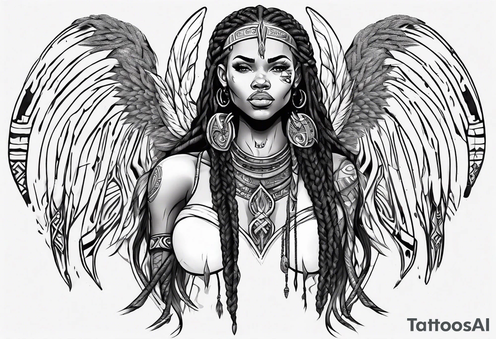 African female Viking  angel full body 
slim long face small mouth long braided hair tattoo idea