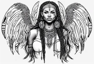 African female Viking  angel full body 
slim long face small mouth long braided hair tattoo idea