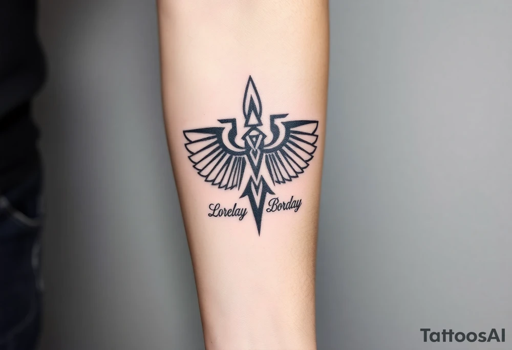 Crea un diseño significativo sobre la cultura egipcia y que tenga el nombre escrito por de bajo del diseño el nombre de mi hermana Lorelay para la parte baja del bíceps tattoo idea