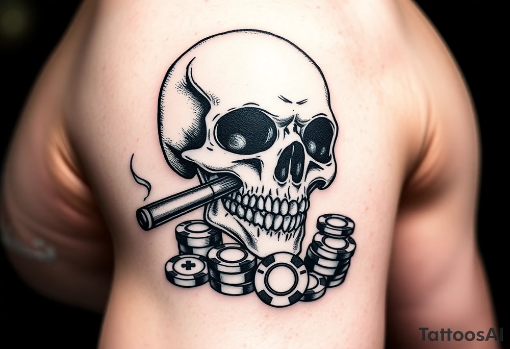 skull with smoking cigar in mouth,playing cards,pokerchips,a lot of money. tattoo idea