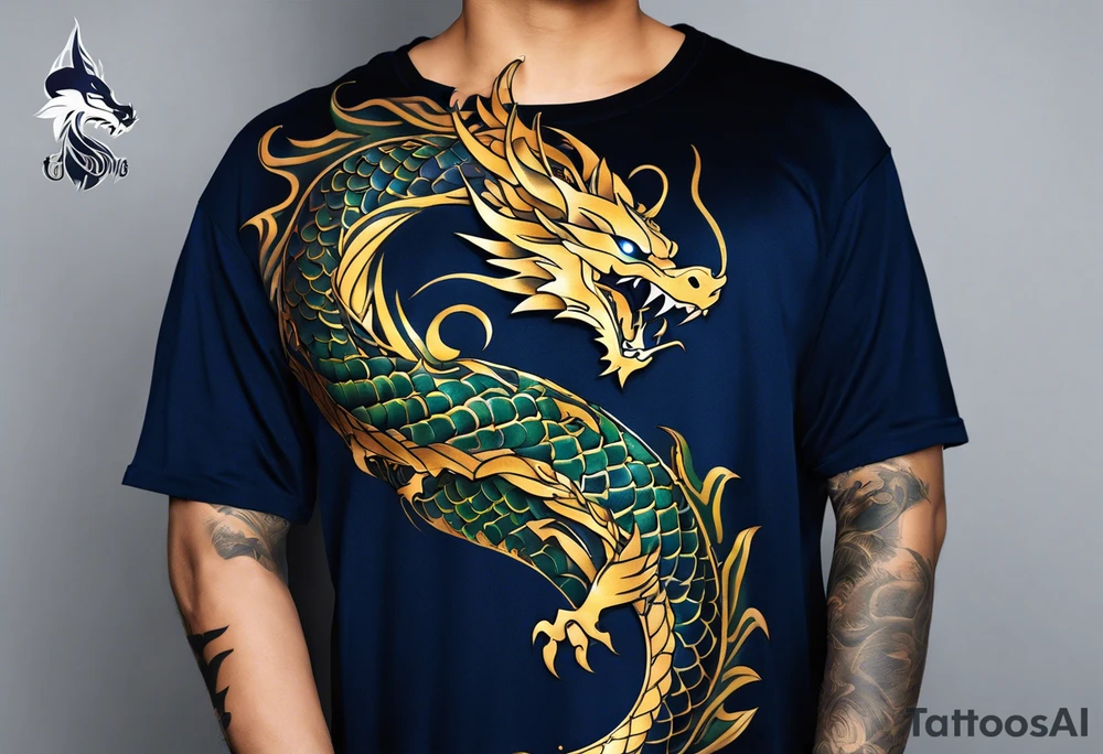 Anime Tattoo: An epic with no wings, floating. Its long body coiling dynamically, with scales and horns detailed to create a sense of movement and strength. The dragon's main color is midnight blue but features little accents in dark green and gold, giving a vibrant depth and a mystical aura. This tattoo highlights the dragon’s fierce expression and sharp claws as it wraps protectively around the leg. Style: Anime tattoo idea