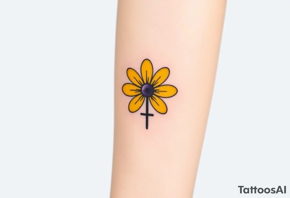 Simple yellow daisy with Purple Hearts & cross tattoo idea