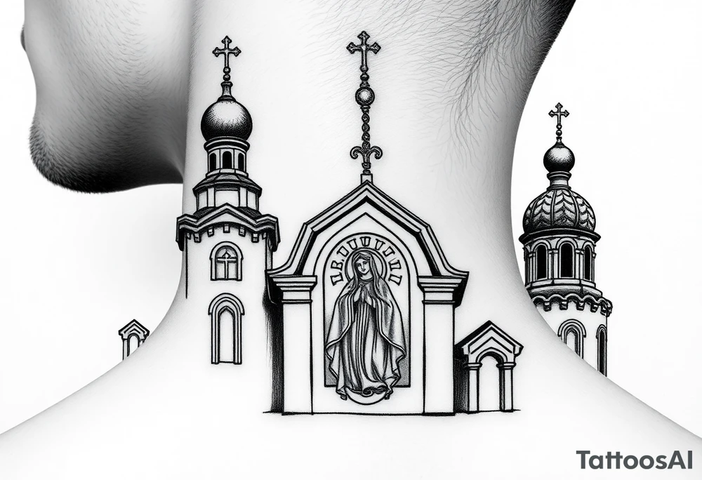 medium sized Russian orthodox church with bulb domes with a prominent russian orthodox mosaic virgin mary tattoo idea