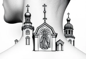 medium sized Russian orthodox church with bulb domes with a prominent russian orthodox mosaic virgin mary tattoo idea