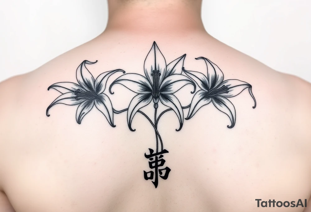 On the shoulder I want 3 spider Lillies that are flown look royal think and long and at the end of the stem I want it to curl up and then at the bottom I want their to be a symbol in Chinese that means love tattoo idea