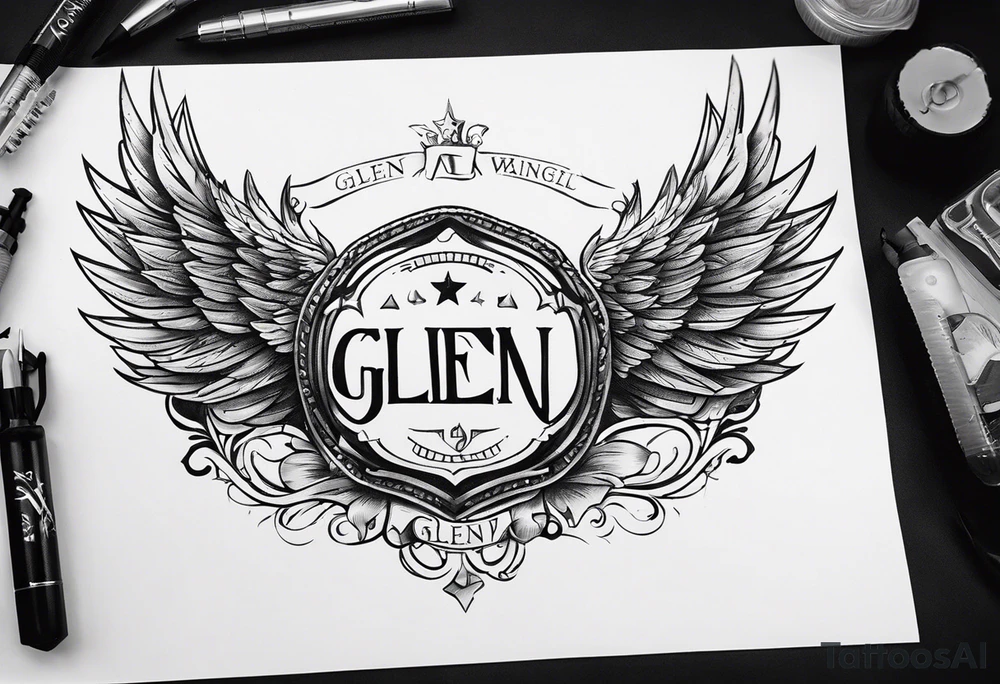 A simple tattoo with the word Glenn on a banner with angel Wings tattoo idea