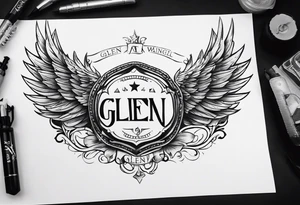 A simple tattoo with the word Glenn on a banner with angel Wings tattoo idea