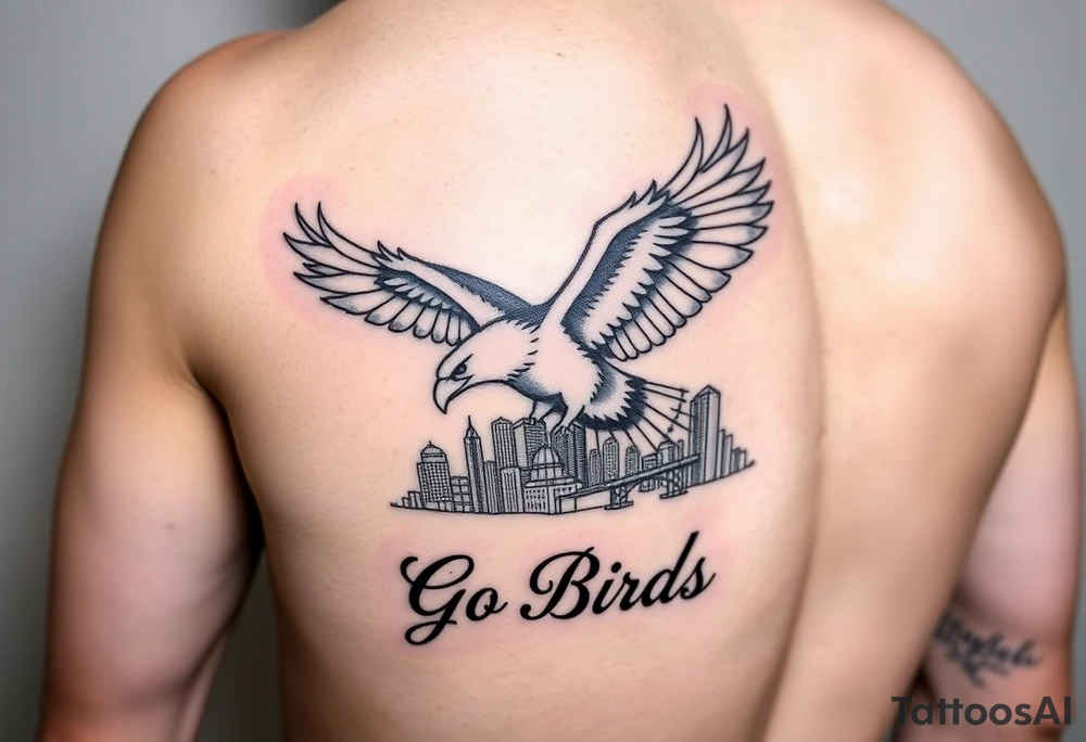 On upper bicep 
Philadelphia Eagle classic bird flying over Philadelphia city skyline with the words Go Birds under it tattoo idea