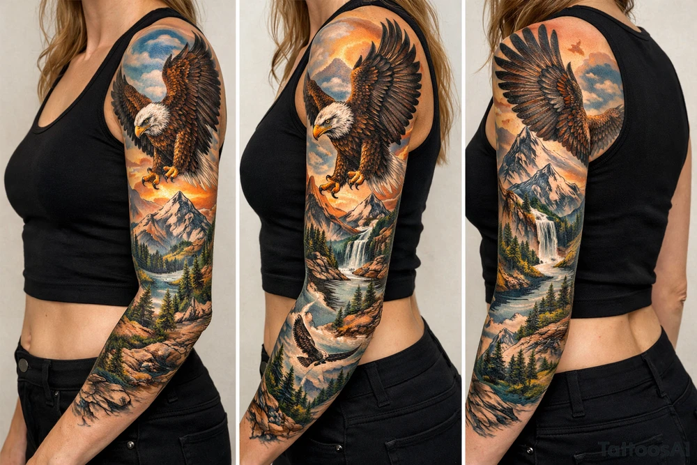 majestic eagle spreading wings against mountain peaks tattoo idea