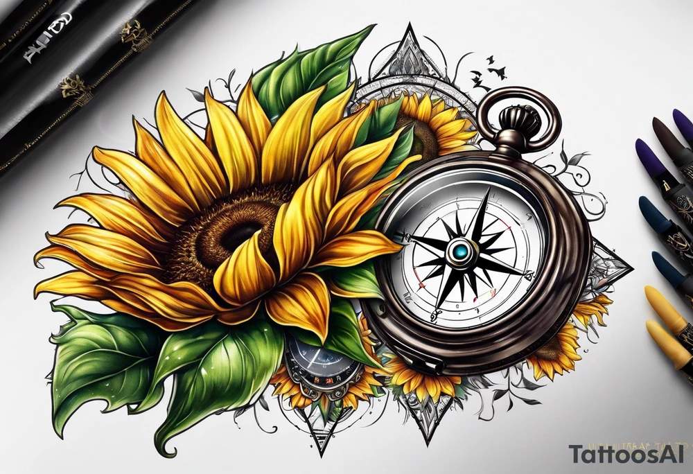 Sunflower next to a compass tattoo idea