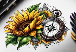 Sunflower next to a compass tattoo idea