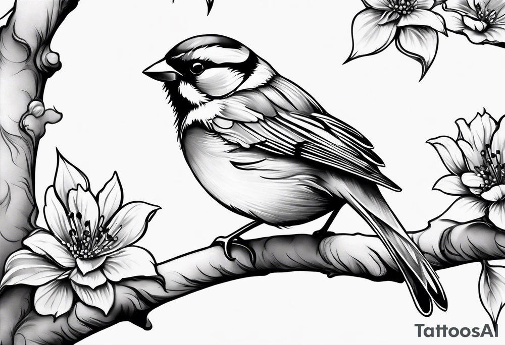 Create a delicate tattoo of a sparrow perched on a branch, featuring soft details and subtle shading for a gentle look tattoo idea