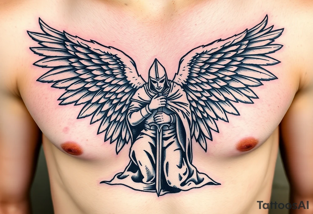 An angelic figure with massive wings standing behind a kneeling Templar, her hand resting on his shoulder in divine guidance tattoo idea