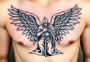 An angelic figure with massive wings standing behind a kneeling Templar, her hand resting on his shoulder in divine guidance tattoo idea