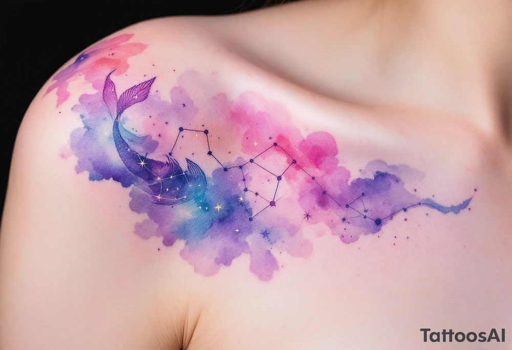 The star constellation of Pisces stretches across the shoulder in radiant pink and violet, symbolizing romantic intuition. tattoo idea