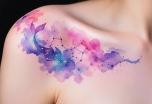 The star constellation of Pisces stretches across the shoulder in radiant pink and violet, symbolizing romantic intuition. tattoo idea