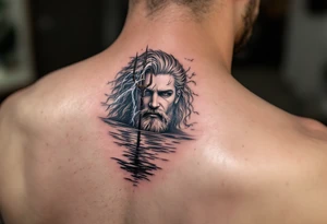 neptune with trident half way in calm water with lightning tattoo idea