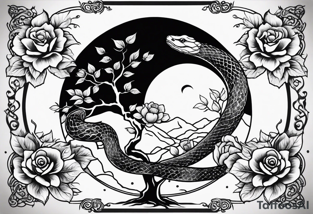 Tree yin and yang with a pasture of roses and a snake at the bottom tattoo idea