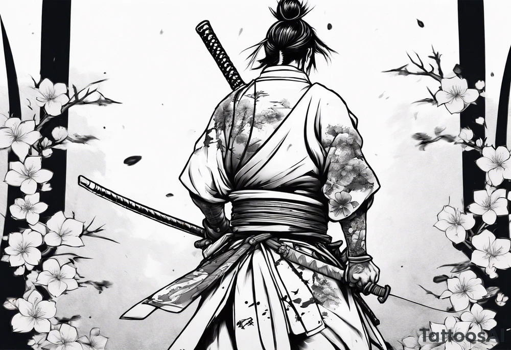 A samurai standing with his back among swords, he has a hole in his back and where the blood came from he saw sakura leaves tattoo idea