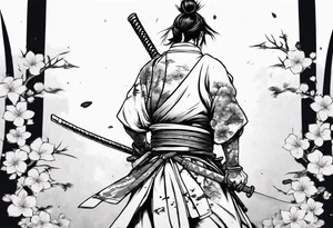 A samurai standing with his back among swords, he has a hole in his back and where the blood came from he saw sakura leaves tattoo idea
