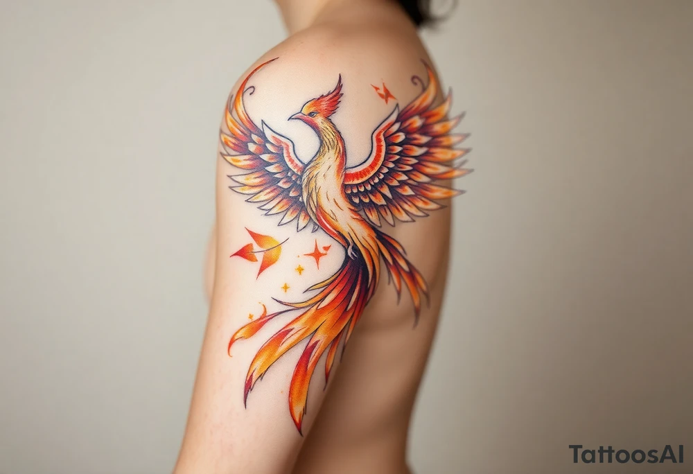 magnificent phoenix rising from golden flames with trailing embers tattoo idea