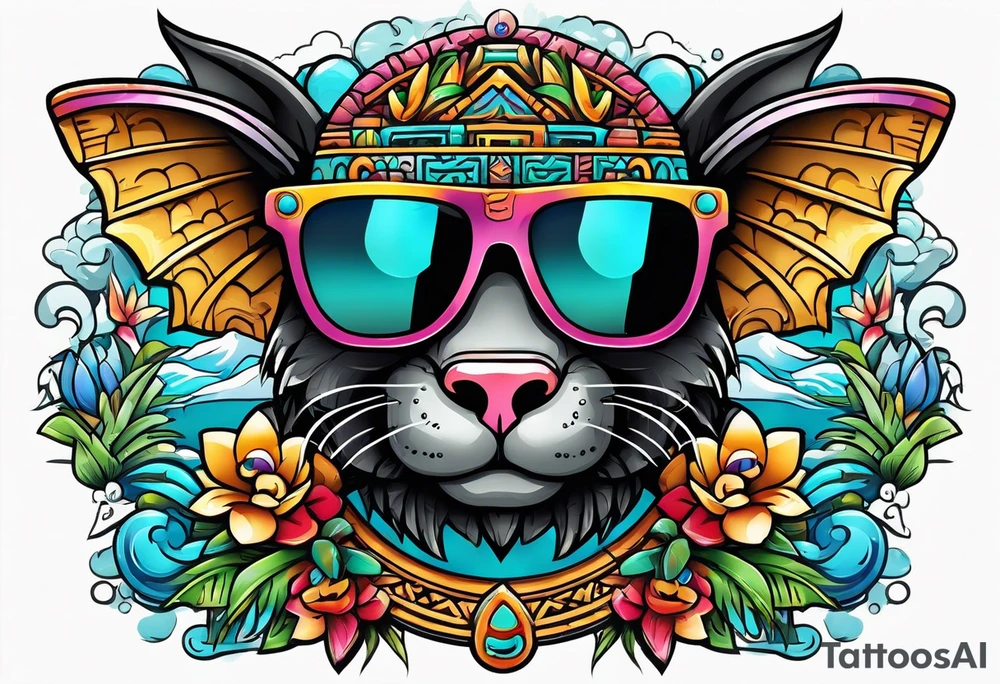 Colorful Mayan hieroglyph wearing sunglasses with bats and water tattoo idea