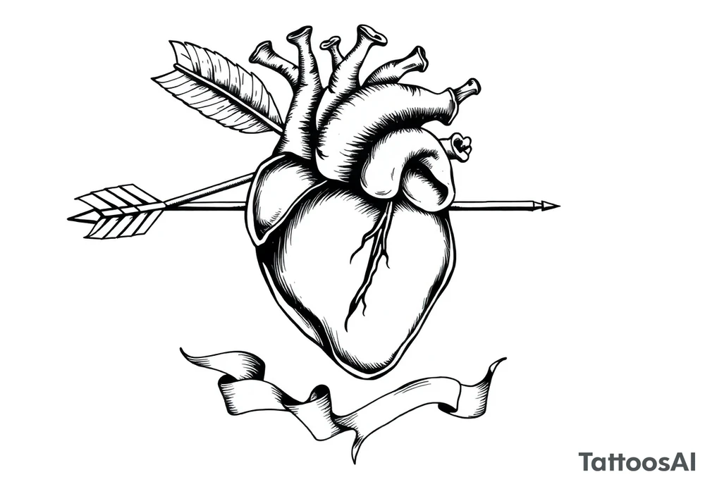 anatomical heart pierced by ornate arrow with flowing ribbons tattoo idea