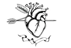 anatomical heart pierced by ornate arrow with flowing ribbons tattoo idea