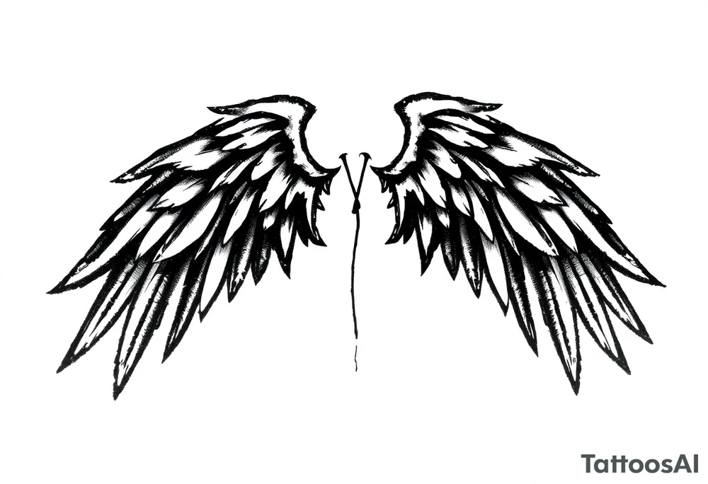 This tattoo design features a pair of stylized wings drawn in black ink with a sketch-like, abstract aesthetic. The wings are composed of sharp, angular feathers with jagged edges, giving them a rough, almost tribal or gothic appearance. The shading is done with a mix of soft gradients and stippling, adding depth and texture to the design. The center where the wings meet is fragmented, with thin lines extending downward, creating a sense of movement and raw energy. This design would make for a bold and edgy tattoo, symbolizing freedom, strength, or a rebellious spirit. tattoo idea