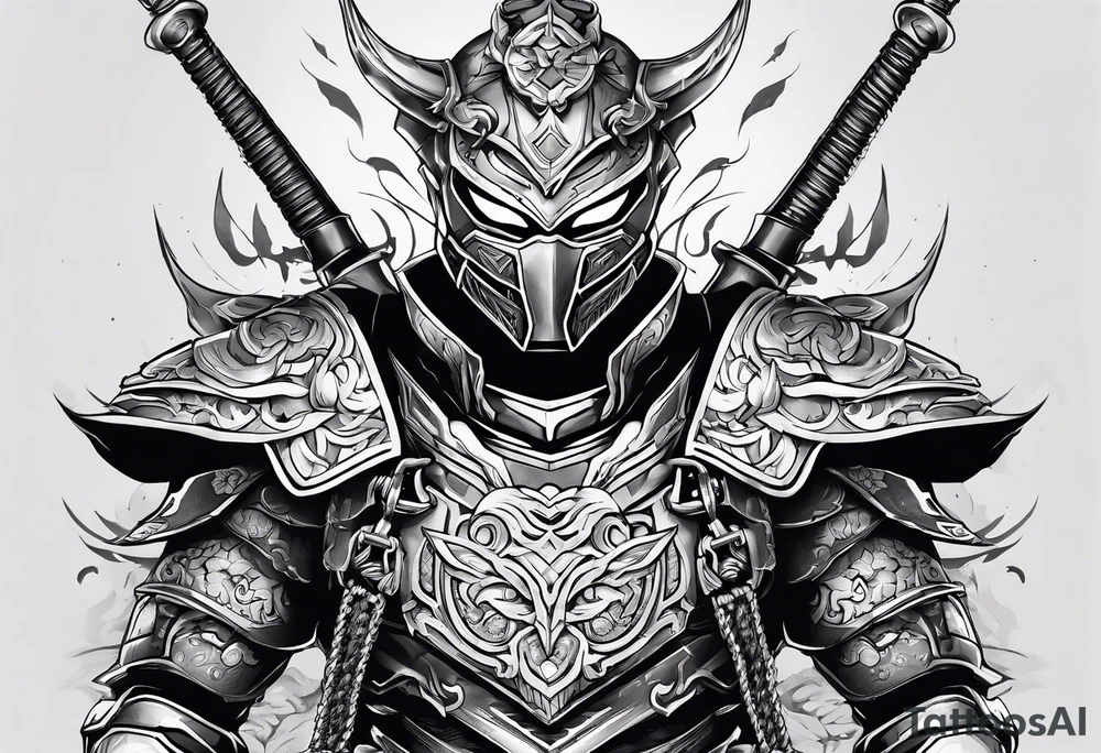 Angry Male Modern robot ninja with demon mask with swords in hands tattoo idea