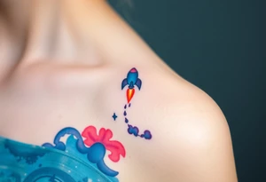 A tiny rocket launching from the one person towards the other person galaxy tattoo, in vibrant blues, reds, and purples, symbolizing a journey of growth tattoo idea