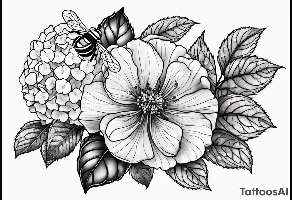 Small tattoo. There’s a hydrangea and a bee but they are not touching. Make the bee smaller than the hydrangea and have the bee off to the side. tattoo idea