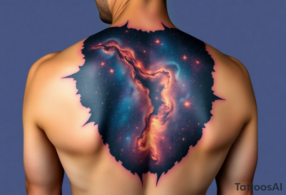 Beautiful and epic 3d milky way that appears to be what is beneath the skin. Make it drape over the shoulder and move to the middle back. use negative spaces to create stars and dust. Incorporate God breathing life into the universe. IKeep it symmetrical tattoo idea