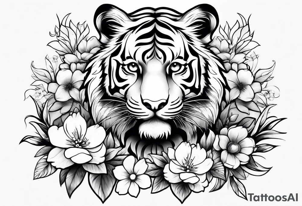 cute tiger with flowers tattoo idea