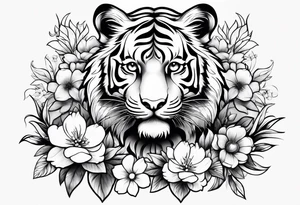 cute tiger with flowers tattoo idea