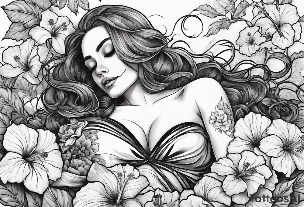 a  female skeleton of bones laying in a bed surrounded by hibiscus flower. tattoo idea