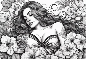 a  female skeleton of bones laying in a bed surrounded by hibiscus flower. tattoo idea