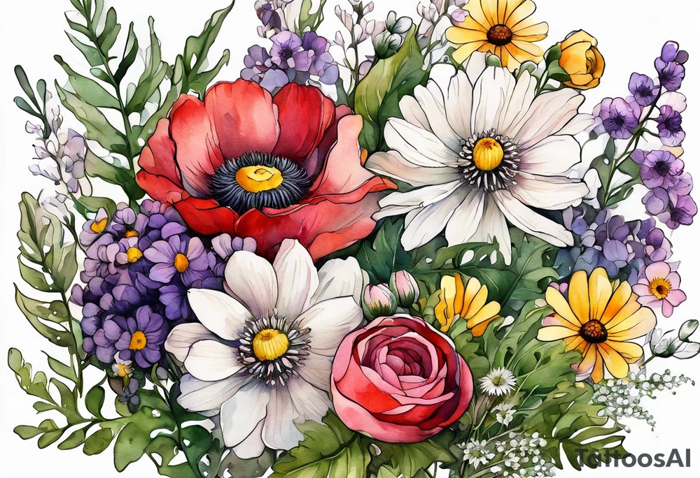 simple wildflowers with thistles, ferns, ranuculus, white anemones, sun flowers, red flowers, pink flowers, purple flowers, buttercups, babys breath, daisies, and greenery all in watercolor tattoo idea