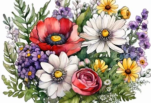 simple wildflowers with thistles, ferns, ranuculus, white anemones, sun flowers, red flowers, pink flowers, purple flowers, buttercups, babys breath, daisies, and greenery all in watercolor tattoo idea