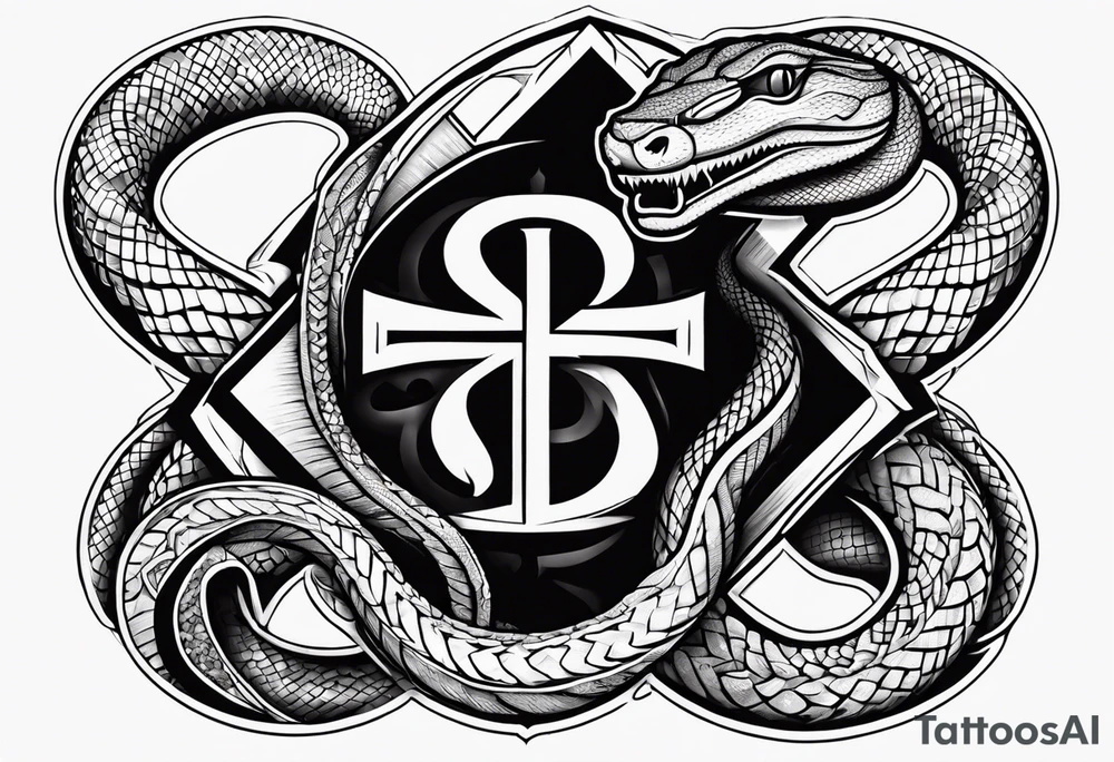 cross with snake wrapped around it with the words Matthew 22:4 tattoo idea