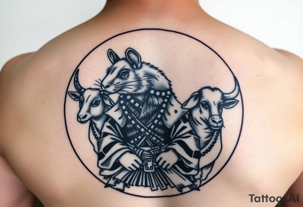 Japanese style tattoo with rat dressed as a Japanese samurai warrior. Surrounded by the rat is a goat, dog, and ox all dressed up sumurai style. Whole tattoo fits within a round shape without circular border tattoo idea