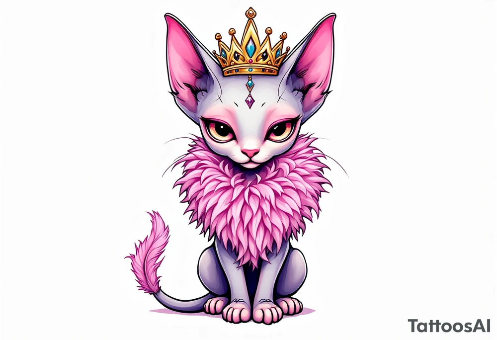 Chibi new school Glamorous sphinx cat with a pink feather boa and wearing a crown tattoo idea