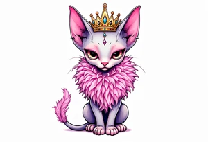 Chibi new school Glamorous sphinx cat with a pink feather boa and wearing a crown tattoo idea