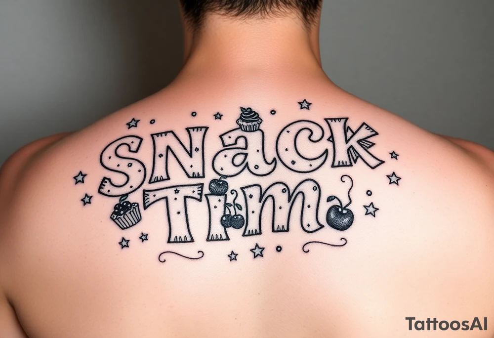 Pretty letters with lots of swooshes saying snack time with cupcakes, cherries and stars tattoo idea