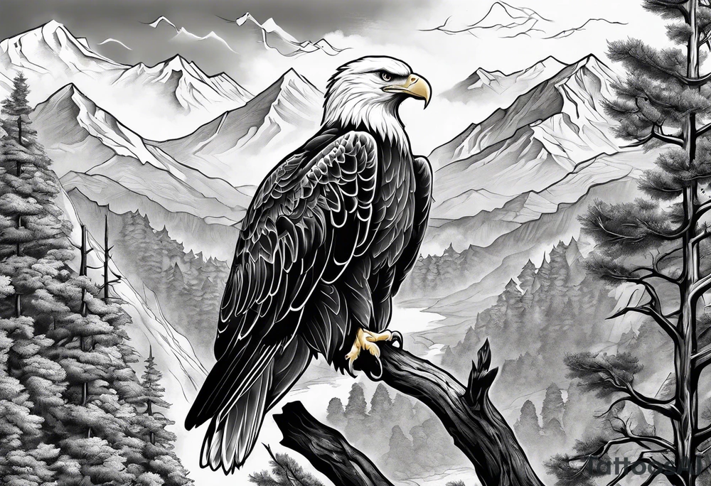 Eagle searching for a White Dove on a tree limb in the mountains tattoo idea