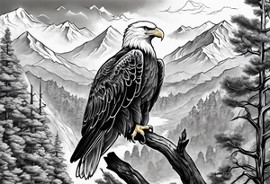 Eagle searching for a White Dove on a tree limb in the mountains tattoo idea